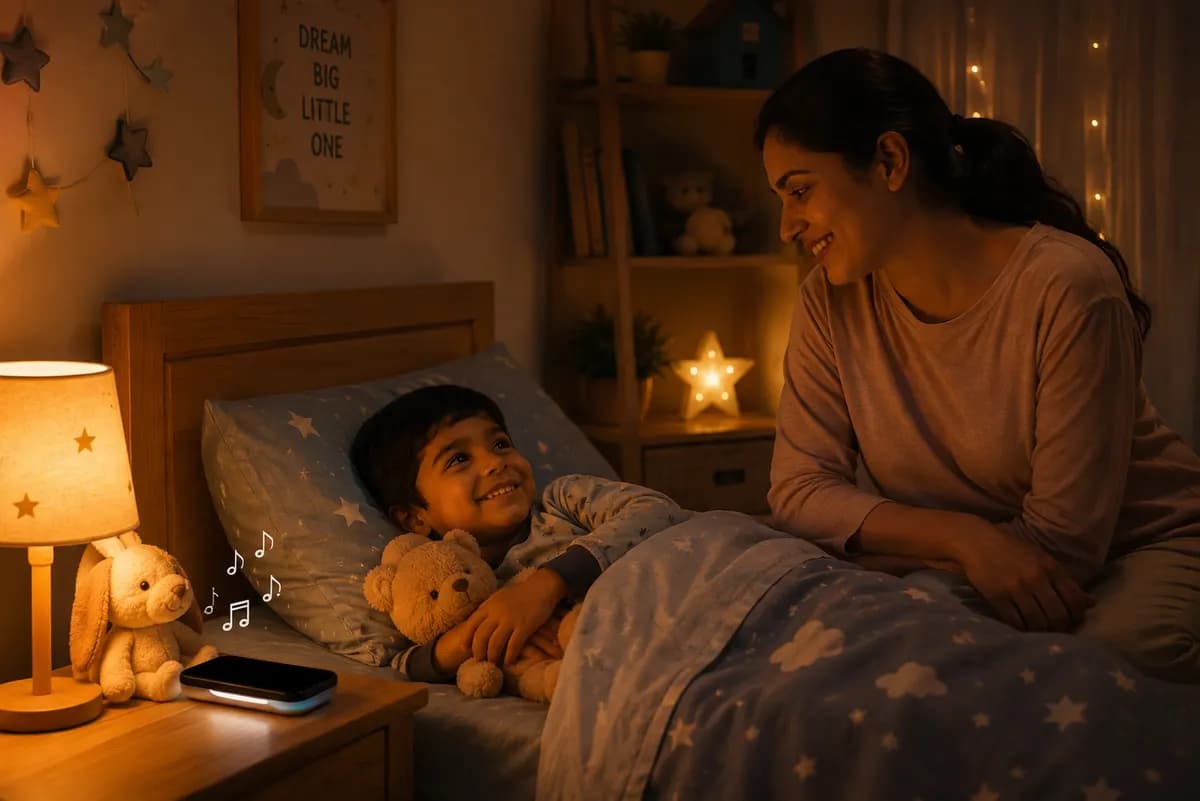 A mother sitting on the edge of her son's bed at night, both smiling as a bedtime story plays softly from a device on the nightstand, the room lit warmly by a star-shaped nightlight.
