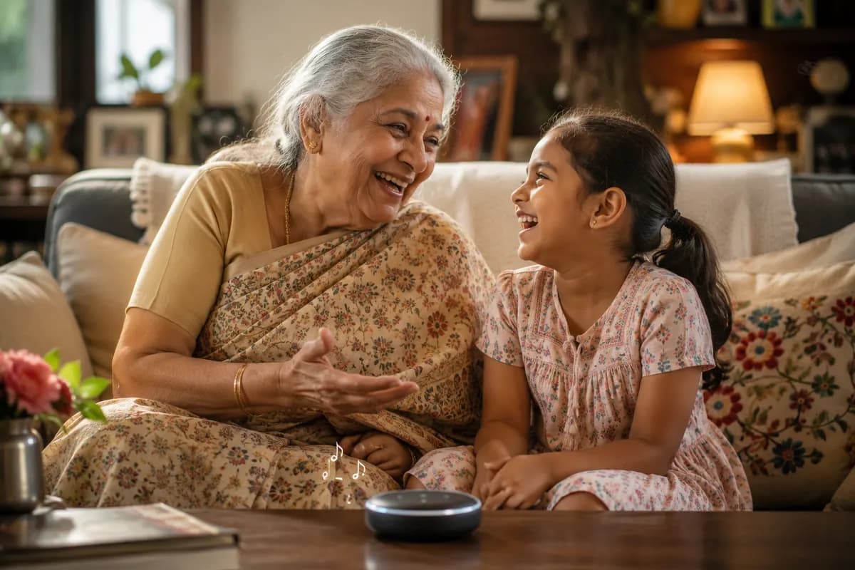 A grandmother and her granddaughter laughing together on a sofa while a Cocoloops story plays from a smart speaker on the coffee table in front of them.