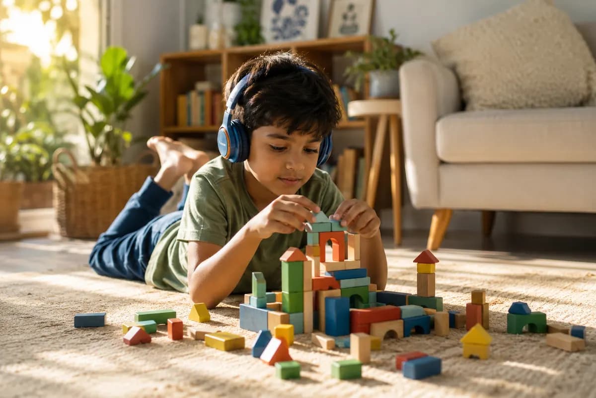 A child lying on the living room floor wearing headphones, happily building with wooden blocks while a Cocoloops story plays in the background, with no screen in sight.