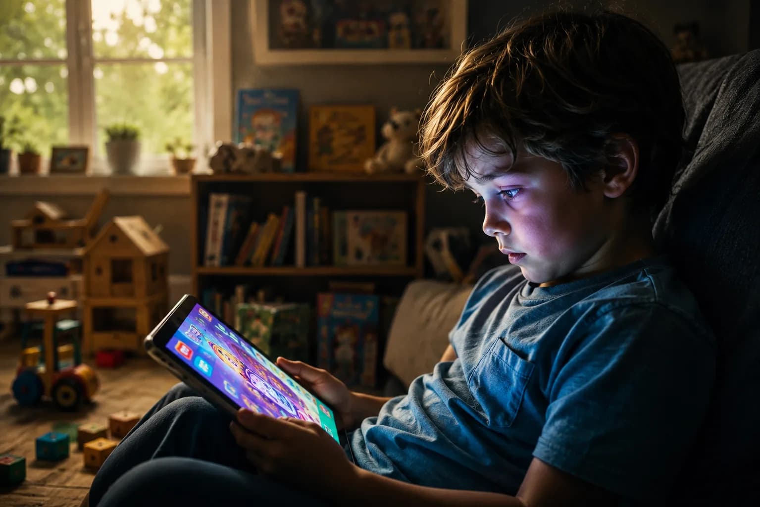 A child tapping repetitively at a brightly coloured language app on a tablet, absorbed in the game mechanics rather than the language.