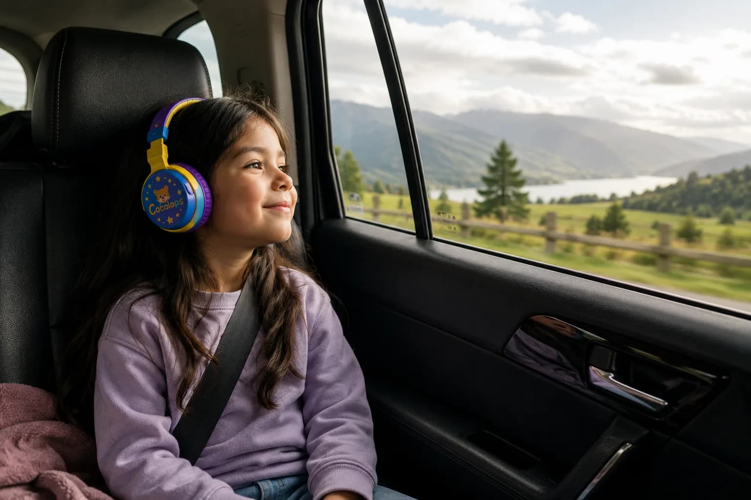 A family listening to a downloaded audio story offline during a car journey.