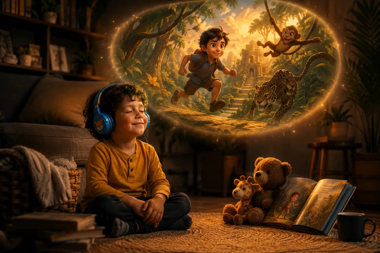 A child vividly imagining a story scene, showing vocabulary being anchored to narrative context rather than learned in isolation.