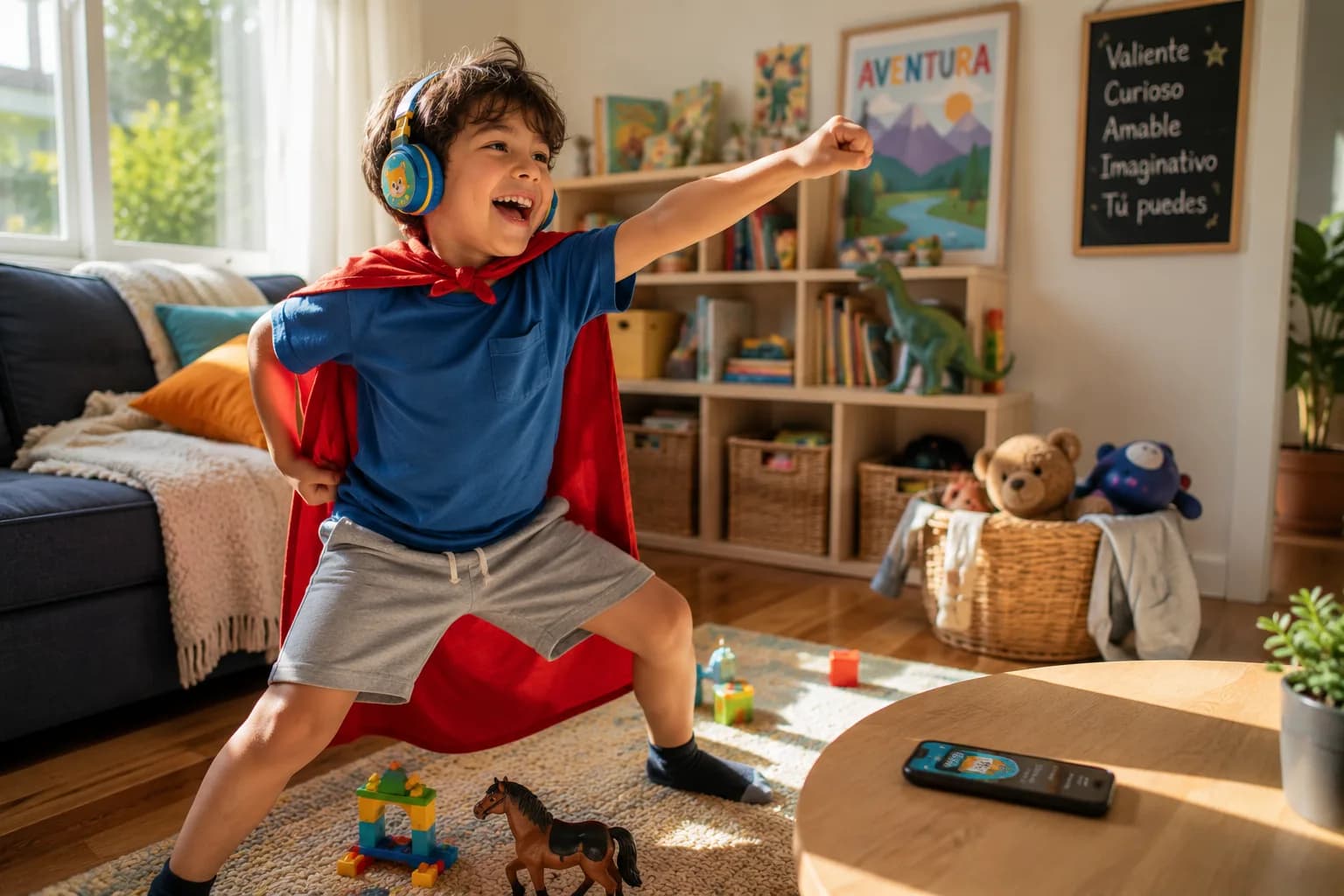 A school-age boy wearing headphones and a cape, acting out a story with full physical energy in the living room, illustrating active, imaginative engagement at this age.