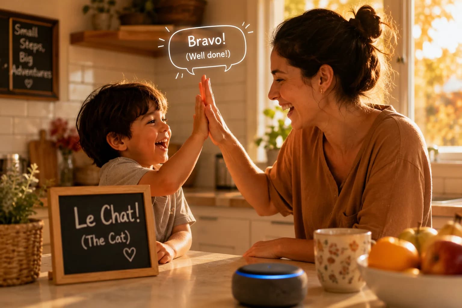 A parent and young child high-fiving in the kitchen, celebrating a new word learned, with a "Le Chat (The Cat)" flashcard on the counter, illustrating the vocabulary-explosion stage.