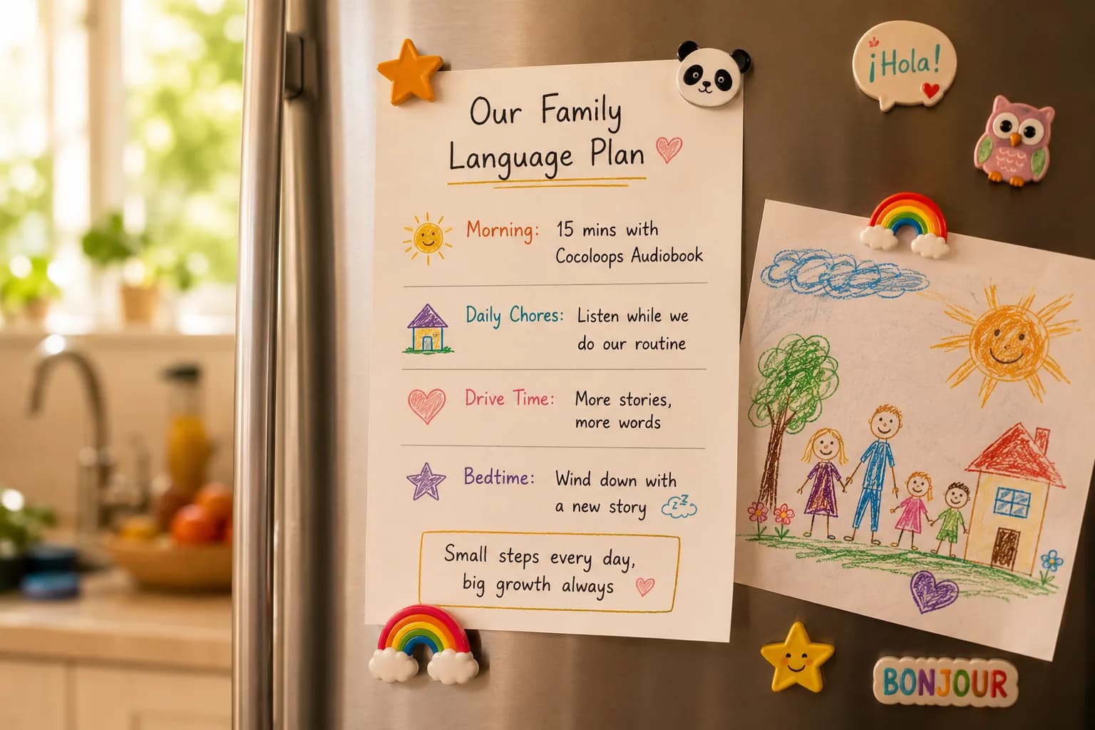 A simple handwritten family language plan stuck to a fridge door.
