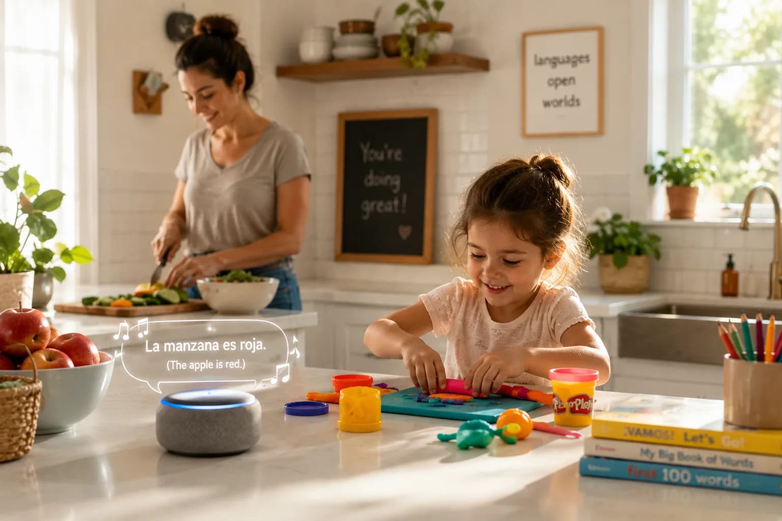 A parent preparing lunch while a story plays on the kitchen speaker, showing ambient background language exposure.