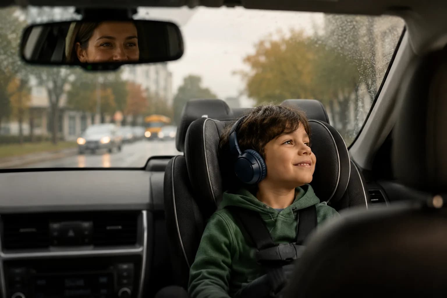 View from the front seat of a car looking into the back, where a six-year-old child is buckled into a car seat wearing wireless headphones, looking out the window with a captivated, imaginative smile on an overcast morning commute.