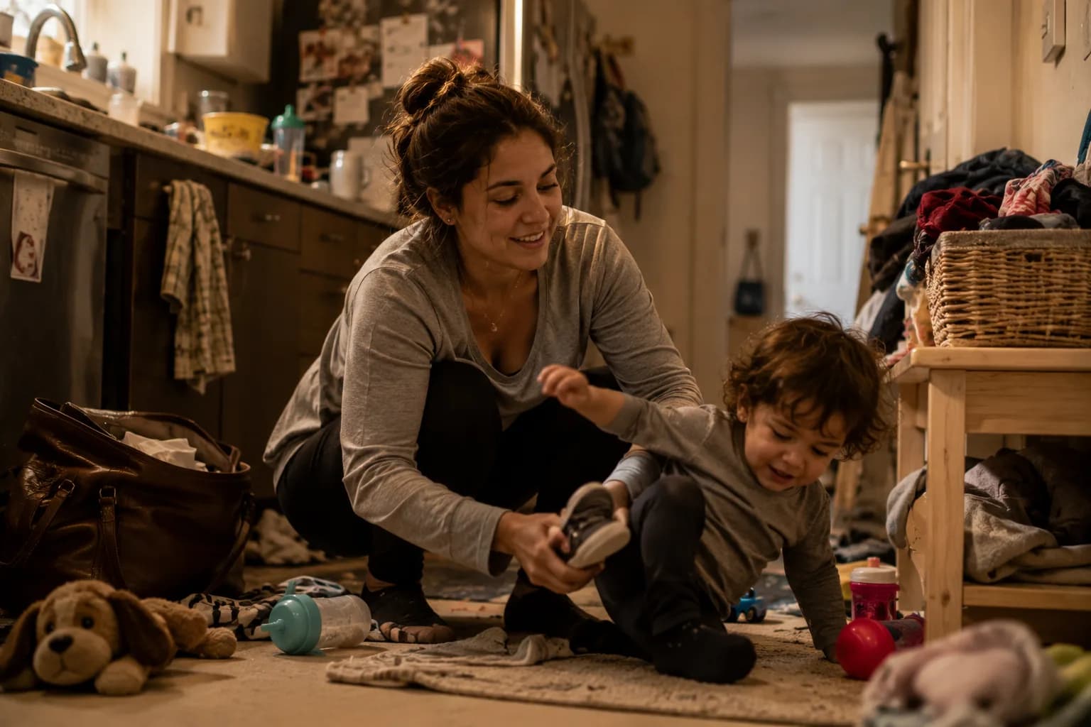 A slightly exhausted but warmly smiling parent kneeling in a modern kitchen at the end of a long day, holding a small toddler's shoe and gently trying to get the squirming toddler ready to go.