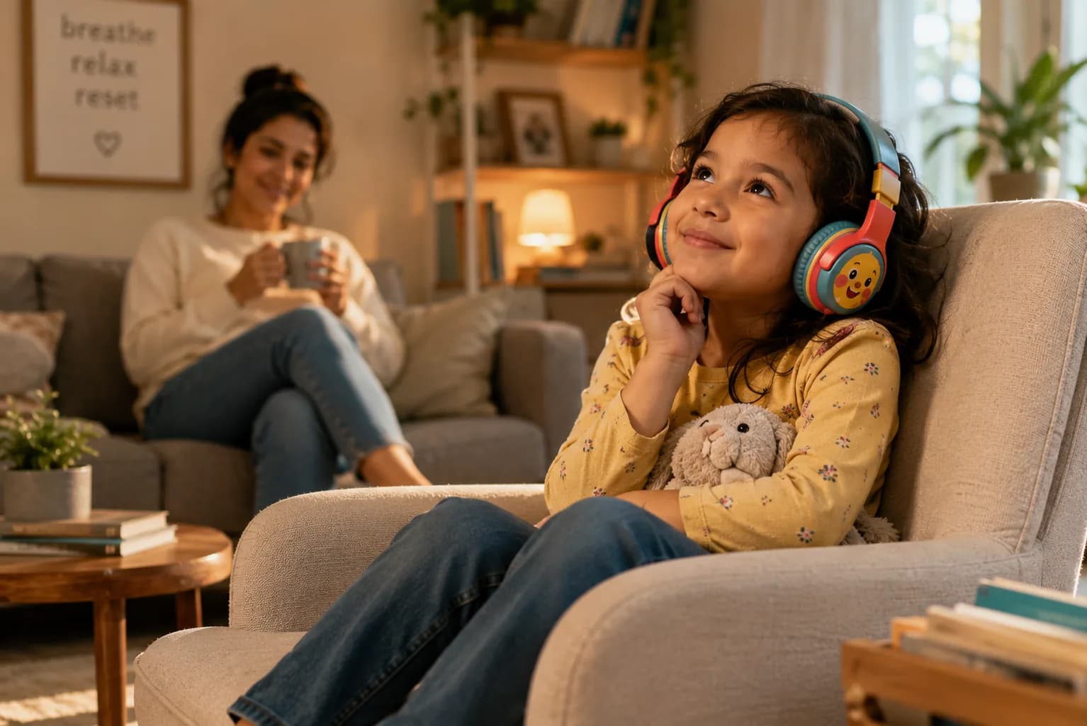 A five-year-old child sitting comfortably in a soft armchair wearing colourful kid-friendly headphones, smiling and absorbed in an audio story, while a relaxed parent sits with a cup of coffee in the softly blurred background.