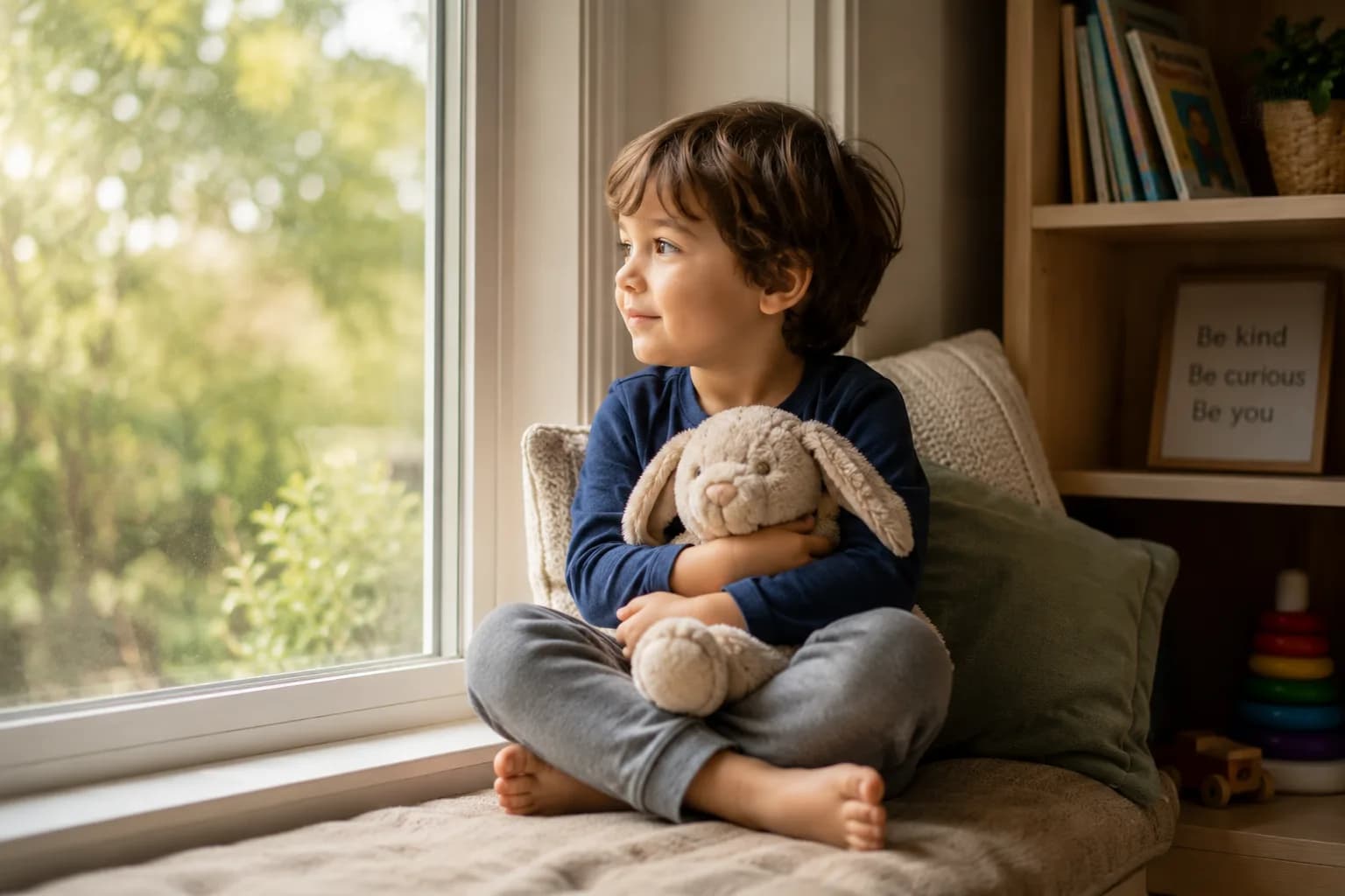 A young child sitting quietly by a window hugging a plush toy, calm and receptive, illustrating the passive listening state of the sound bath stage.