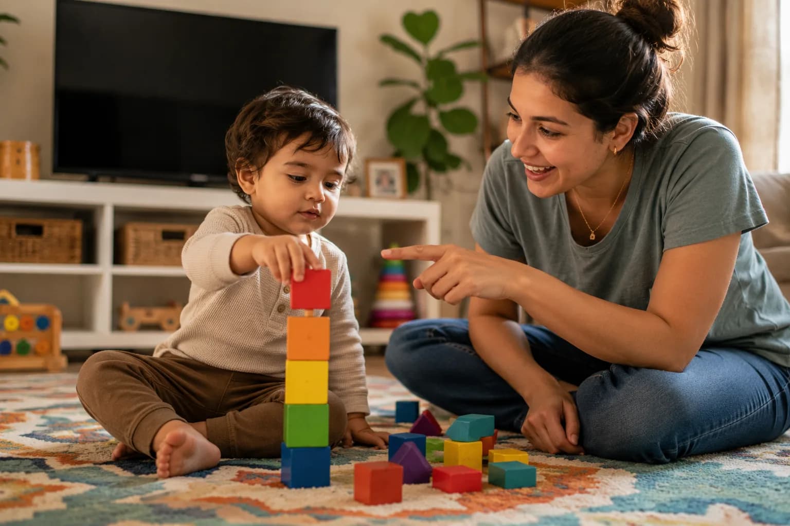 A parent following a child’s lead during play, narrating what the child is doing with blocks.