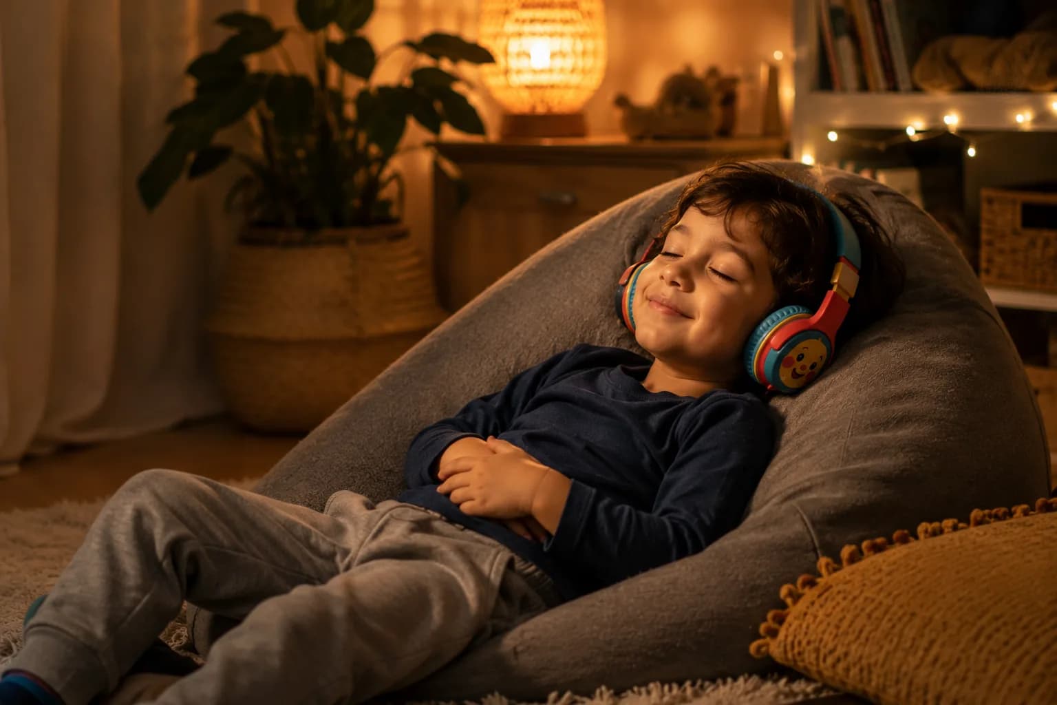 A young girl playing with playdough at the kitchen counter while a smart speaker plays a story and a parent cooks nearby, illustrating ambient listening woven into daily routines.