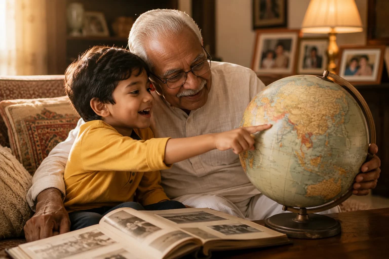 A grandparent and grandchild connecting over a shared heritage language.