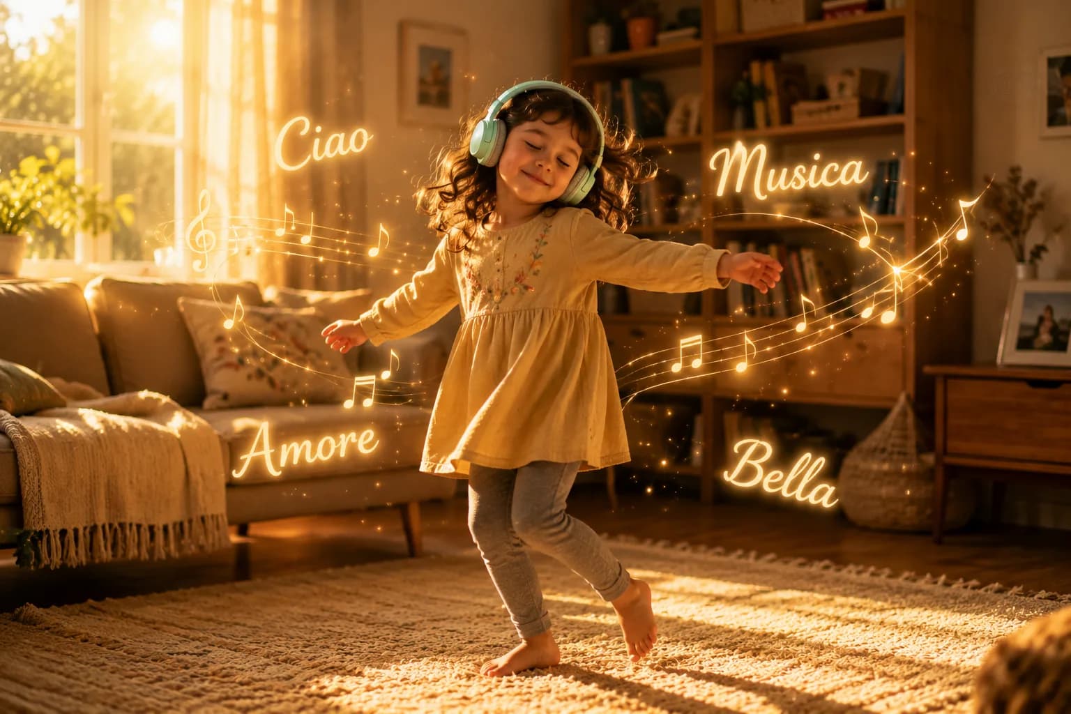 A child joyfully repeating Italian words, illustrating the musical, song-like quality of the language.
