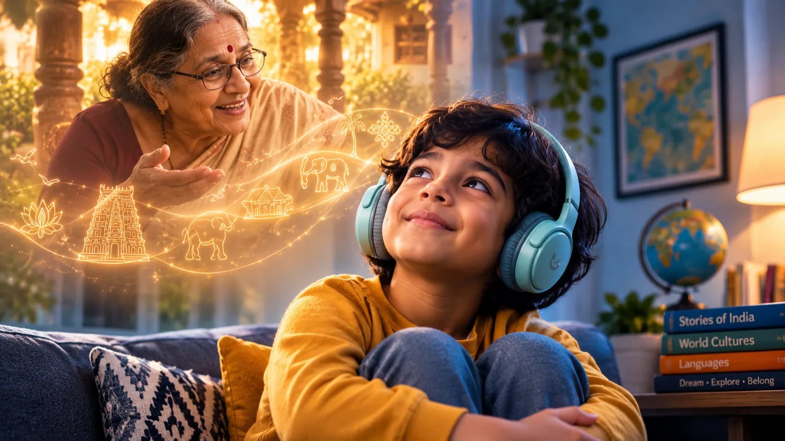 An older child wearing headphones, smiling and imagining scenes from a story, with a grandmother speaking to them in the background, illustrating rich narrative and cultural engagement at this age.